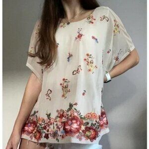 Cleo Kai SZ L Cream Mesh Embroidered Flowy Top Artsy Comfy Boho Feminine